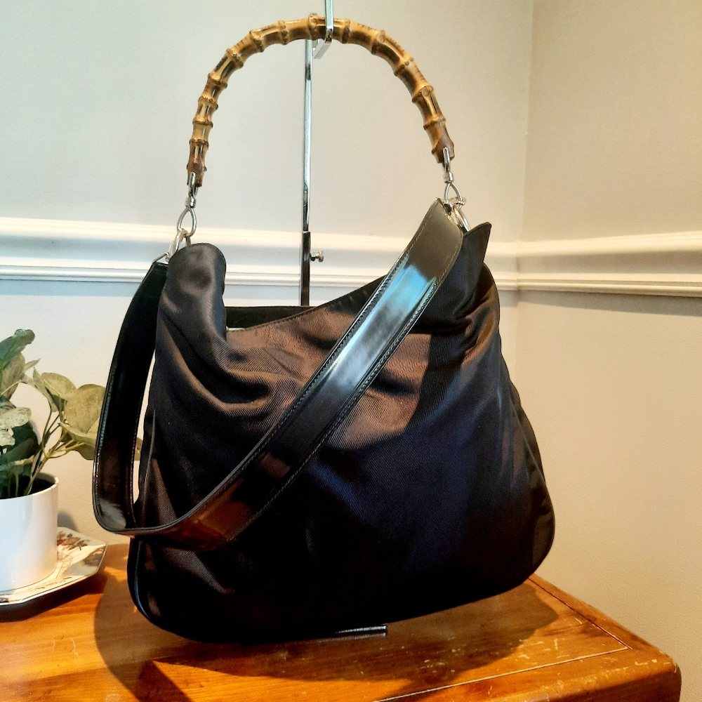 Gucci Black Nylon Large Bamboo Handle Nylon Shoulder/Crossbody Bag